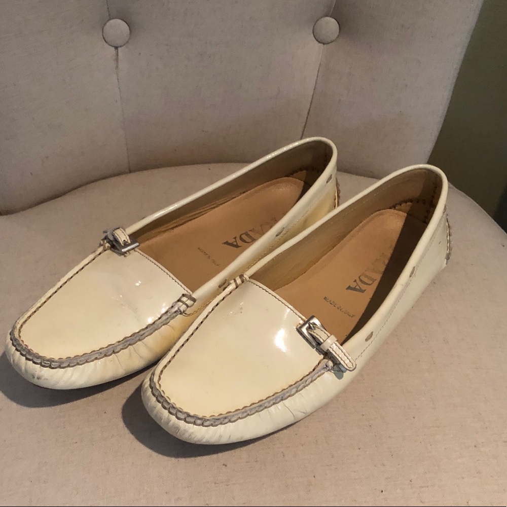 Prada White Patent Driving Loafers, Size 7.5